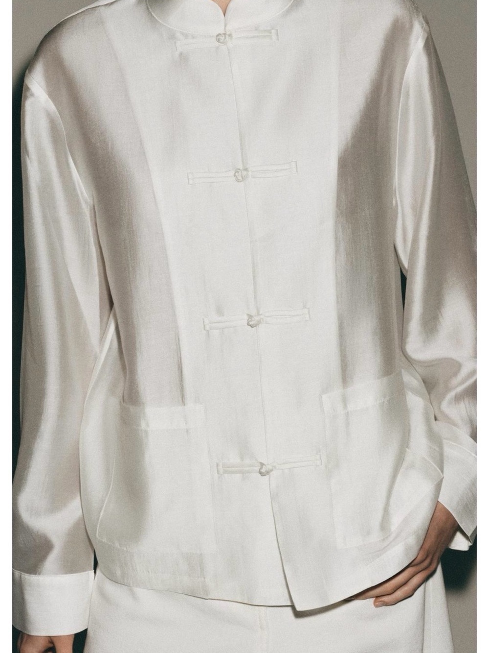 Zara White Silk-Effect Mandarin Collar Jacket